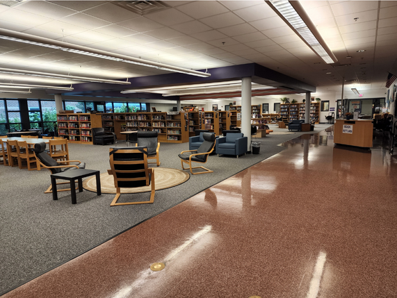 Library stacks with seating area